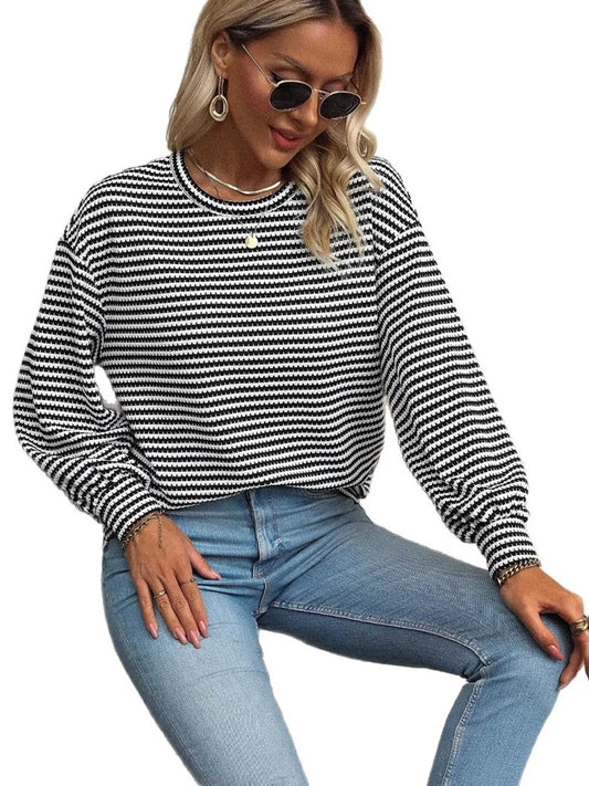 Trendsi Striped Round Neck Lantern Sleeve Top