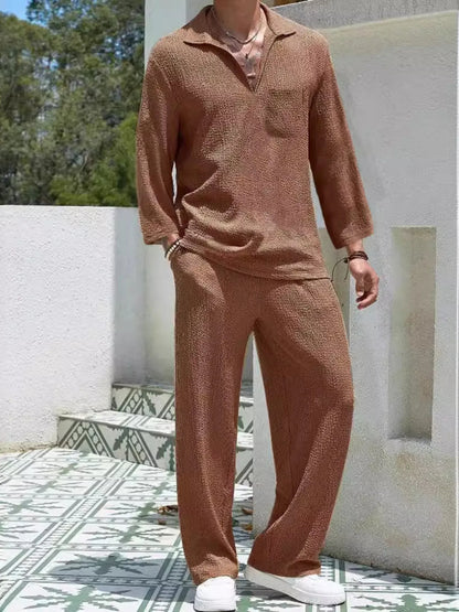 Men's Plus Size Long Sleeve Top and Pants Set Caramel Color Easy Apparels