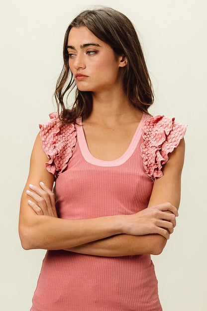 Trendsi BiBi Rib Knit With Textured Ruffled Top