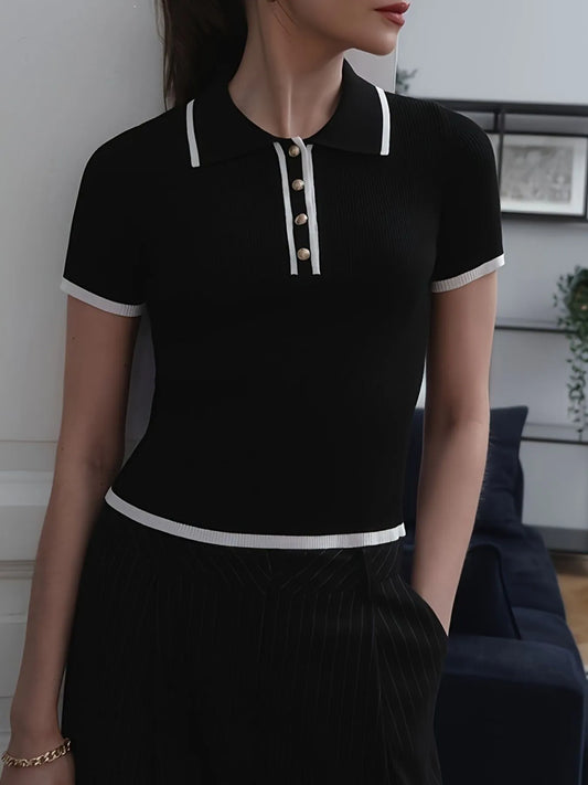 Trendsi Contrast Trim Button Detail Polo Black