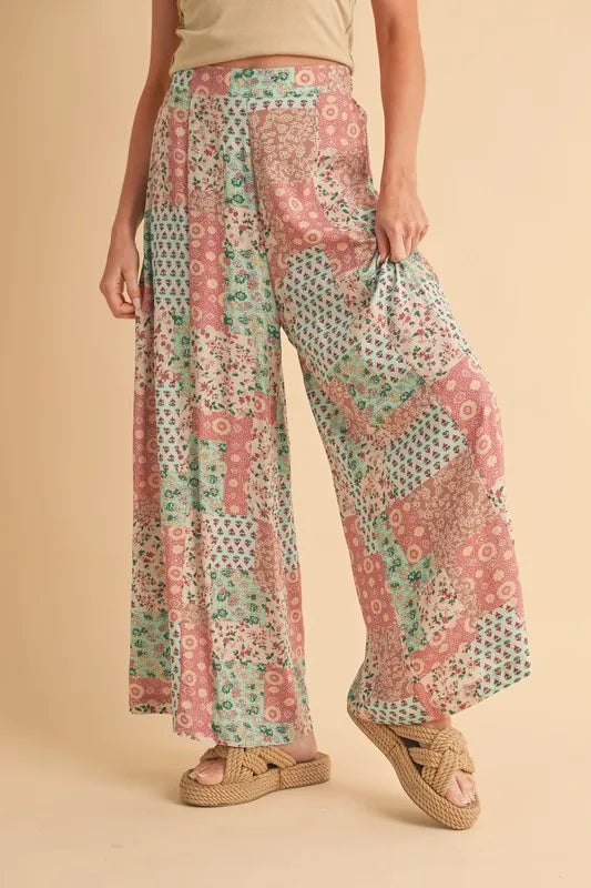 Aemi+Co Printed Wide Leg Pants MINT PINK Easy Apparels