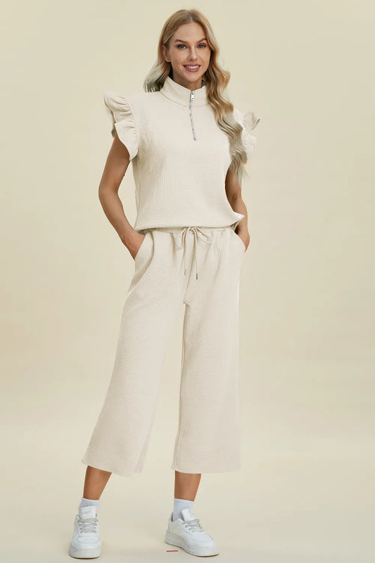 Double Take Full Size Texture Ruffle Short Sleeve Top and Wide Leg Pants Set Easy Apparels