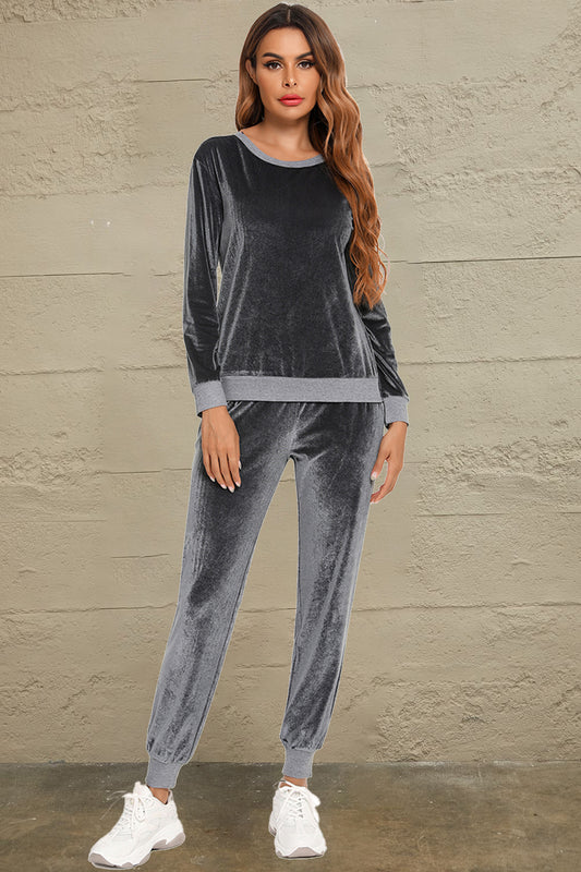 Round Neck Long Sleeve Loungewear Set with Pockets Charcoal Easy Apparels