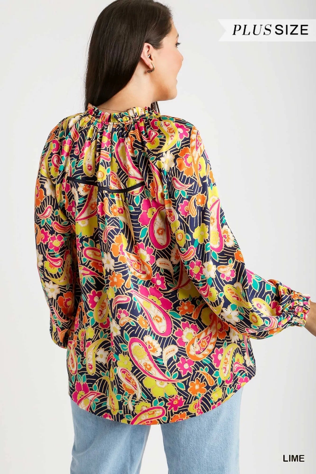 Trendsi Umgee Full Size Satin Paisley Ruffle Neck Button-Up Shirt Plus Size