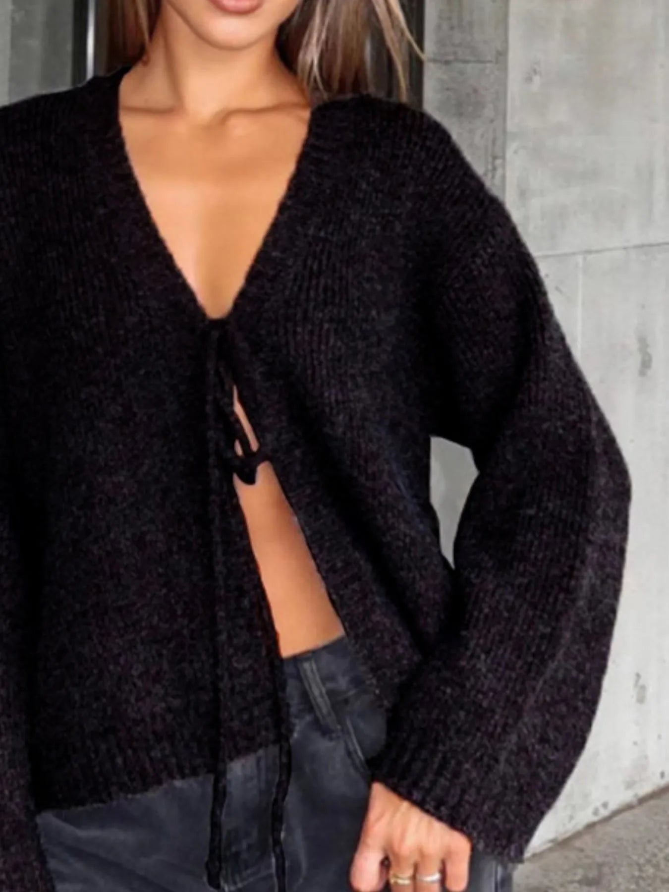 Open Front Tied Sweater Cardigan Easy Apparels