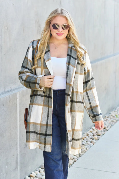 Double Take Full Size Plaid Button Up Lapel Collar Coat Easy Apparels