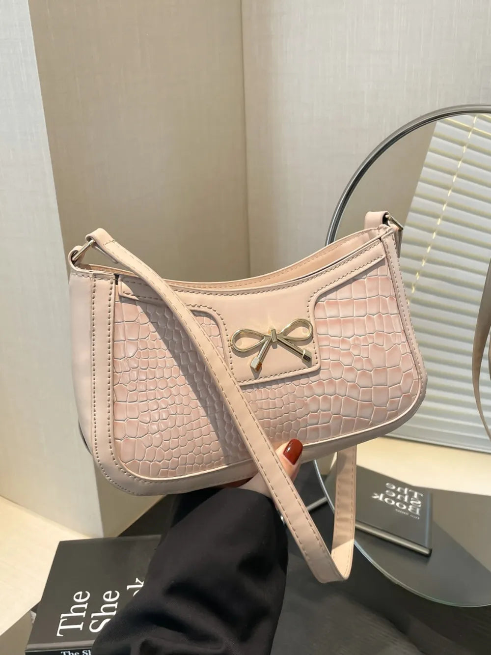 Crocodile Pattern Shoulder Bag with Bow Detail Khaki One Size Easy Apparels