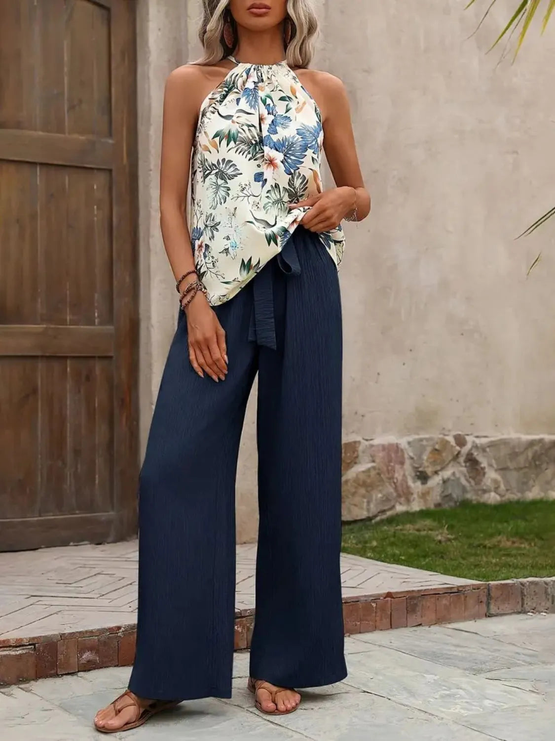Printed Tank Top and Wide Leg Pants Set Easy Apparels
