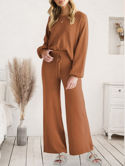 Long Sleeve Lounge Top and Drawstring Pants Set Caramel Easy Apparels