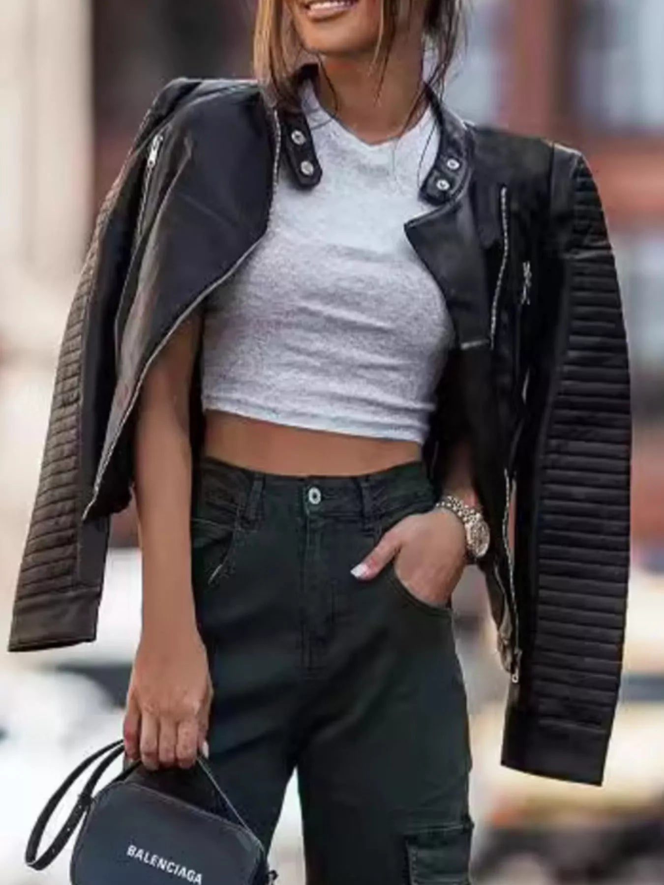Quilted Sleeve Leather Moto Jacket Black Easy Apparels