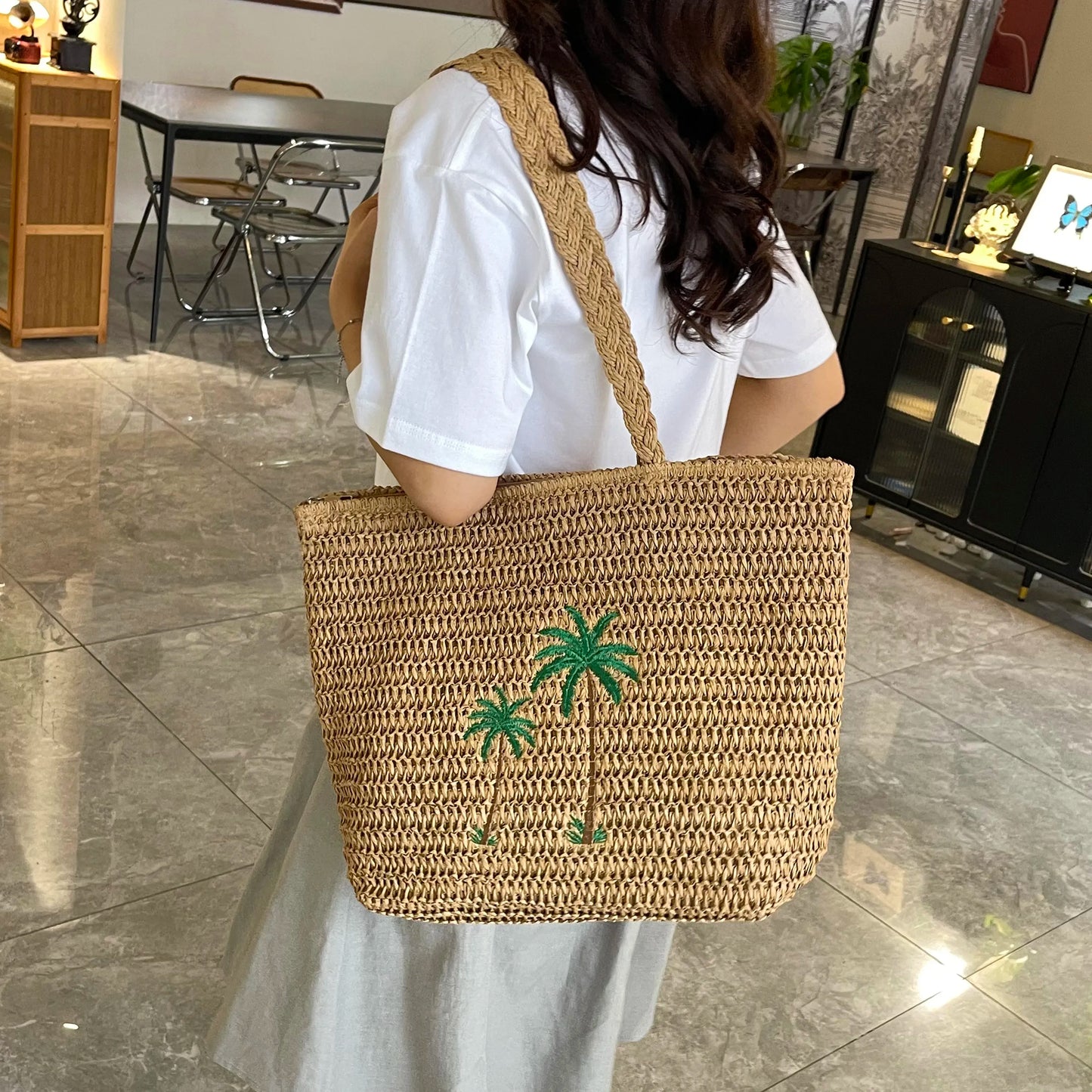 Palm Tree Woven Straw Shoulder Bag Beige onesize Easy Apparels