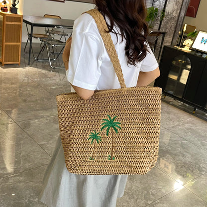 Palm Tree Woven Straw Shoulder Bag Beige onesize Easy Apparels