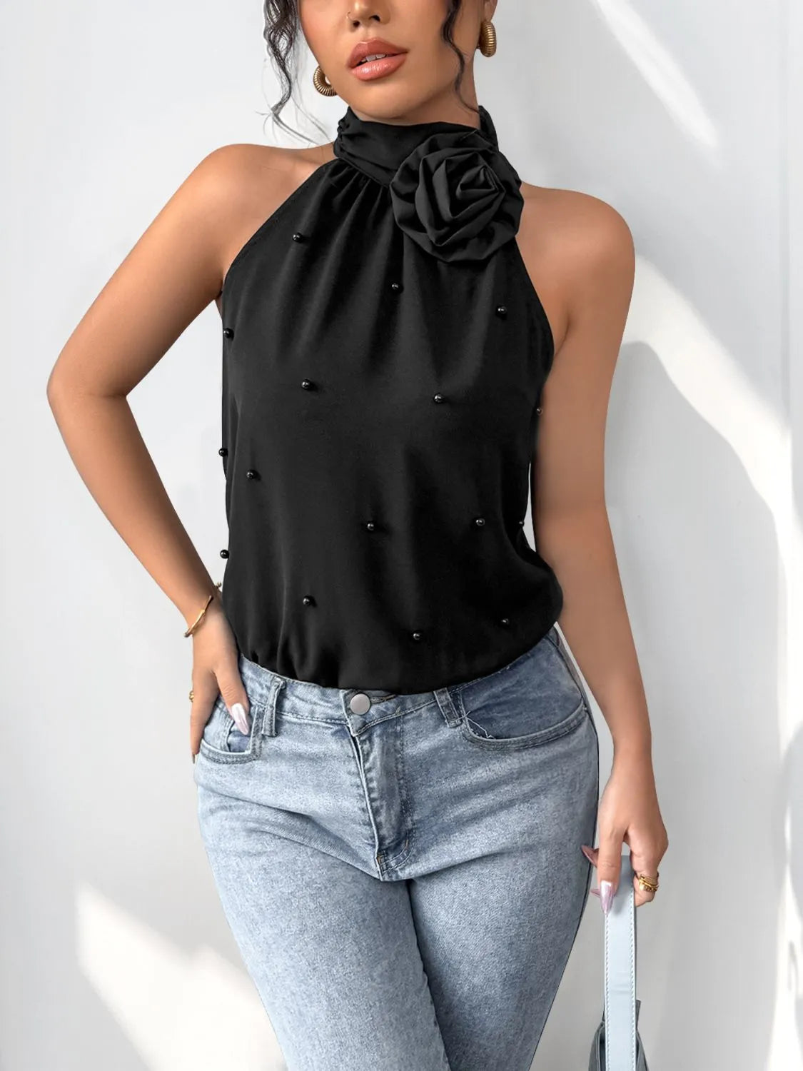 Trendsi 3D Flower Grecian Neck Bodysuit Black