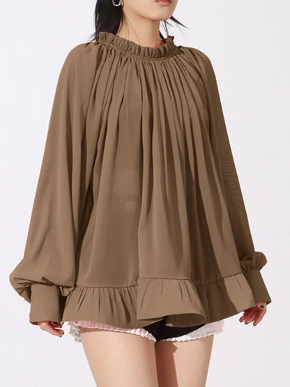 Trendsi Ruffled Hem Long Sleeve Blouse Khaki One size fits all