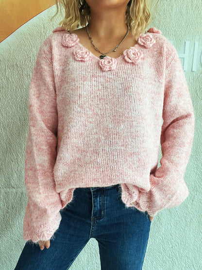 Trendsi Flower V-Neck Long Sleeve Sweater Pink One Size
