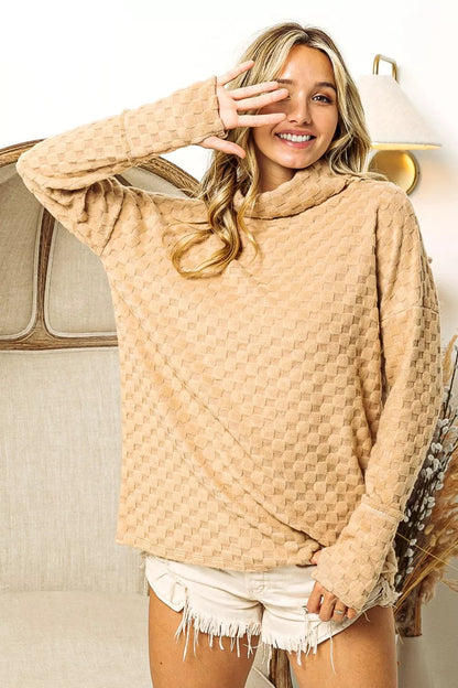 Trendsi BiBi Checkered Round Neck Thumbhole Long Sleeve Top