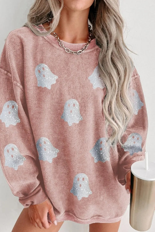 Trendsi Ghost Round Neck Oversized Sweatshirt Pale Blush