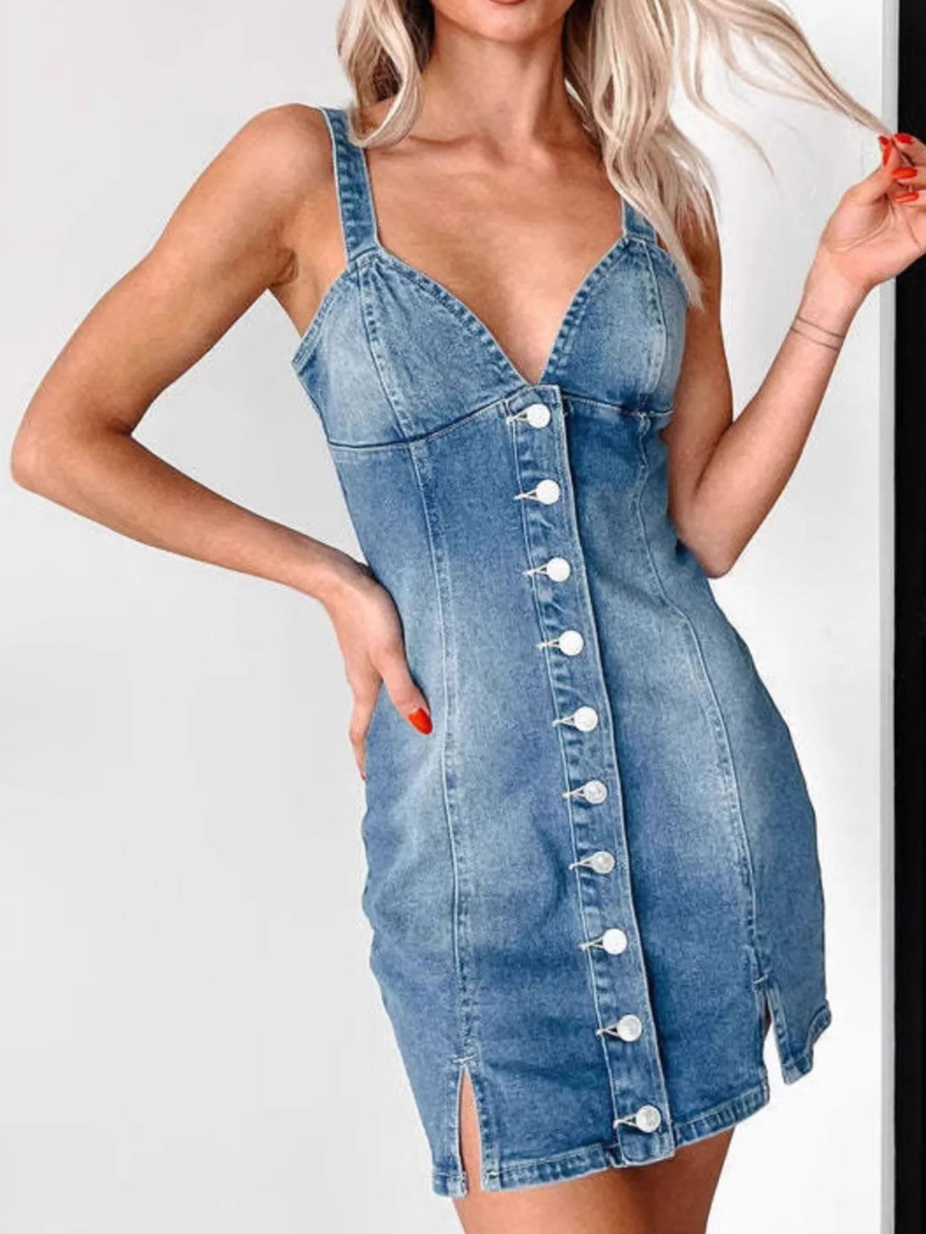 Button Front Sweetheart Neck Denim Mini Dress Easy Apparels