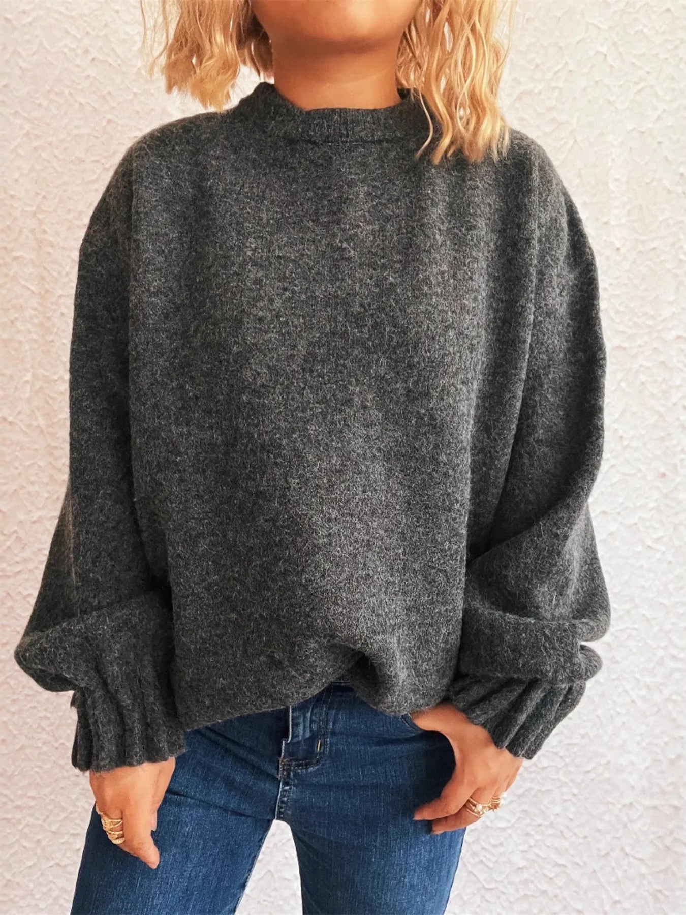 Trendsi Round Neck Dropped Shoulder Sweater Dark Gray One Size
