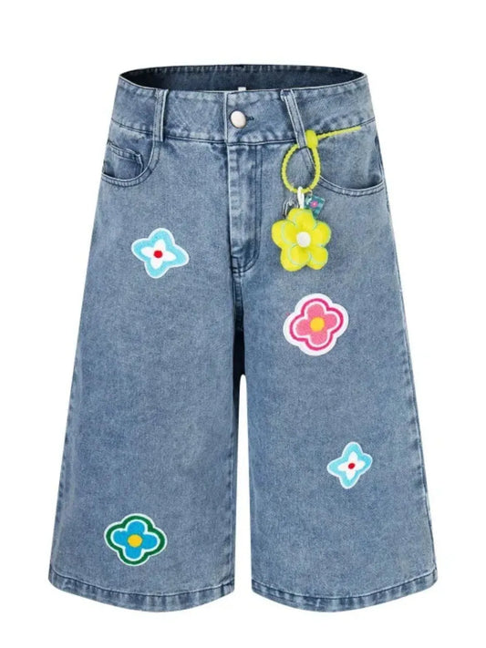 Men's Flower Patch Denim Shorts Nostalgic Light Blue Easy Apparels