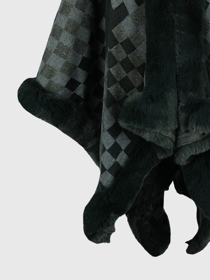 Checkered Faux Fur Trim Poncho Easy Apparels