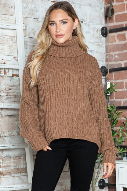 Turtleneck Dropped Shoulder Pullover Sweater Easy Apparels