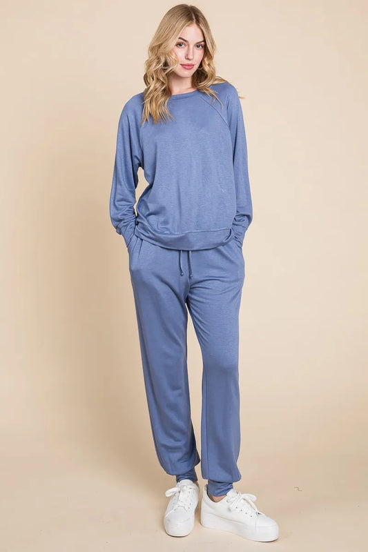 Super Lady Round Neck Raglan Sleeve Top and Pants Lounge Set Powder Blue Easy Apparels