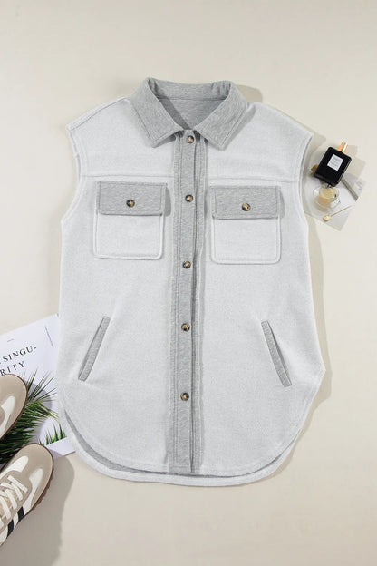 Pocketed Curved Hem Button Up Vest Easy Apparels