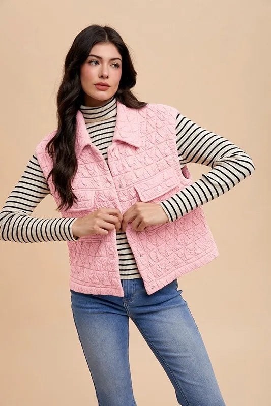 Annie Wear Texture Quilted Snap Down Vest Coat Easy Apparels