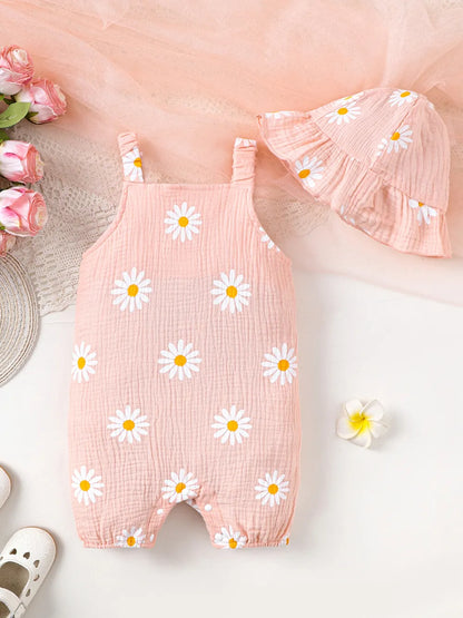 Children's Daisy Textured Wide Strap Romper and Hat Set Watermelon pink Easy Apparels
