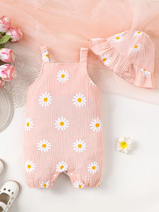 Children's Daisy Textured Wide Strap Romper and Hat Set Watermelon pink Easy Apparels