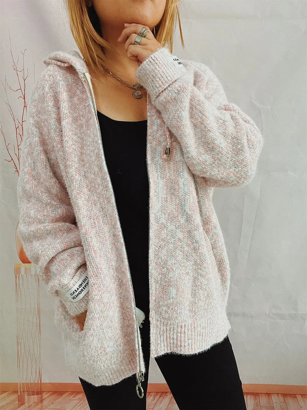 Zip Up Drawstring Long Sleeve Hooded Sweater Easy Apparels