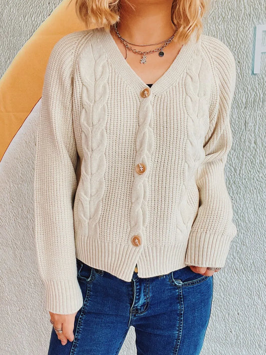 Cable-Knit V-Neck Button Down Long Sleeve Cardigan Beige One Size Easy Apparels
