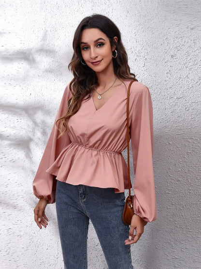 Trendsi V-Neck Balloon Sleeve Peplum Blouse Dusty Pink