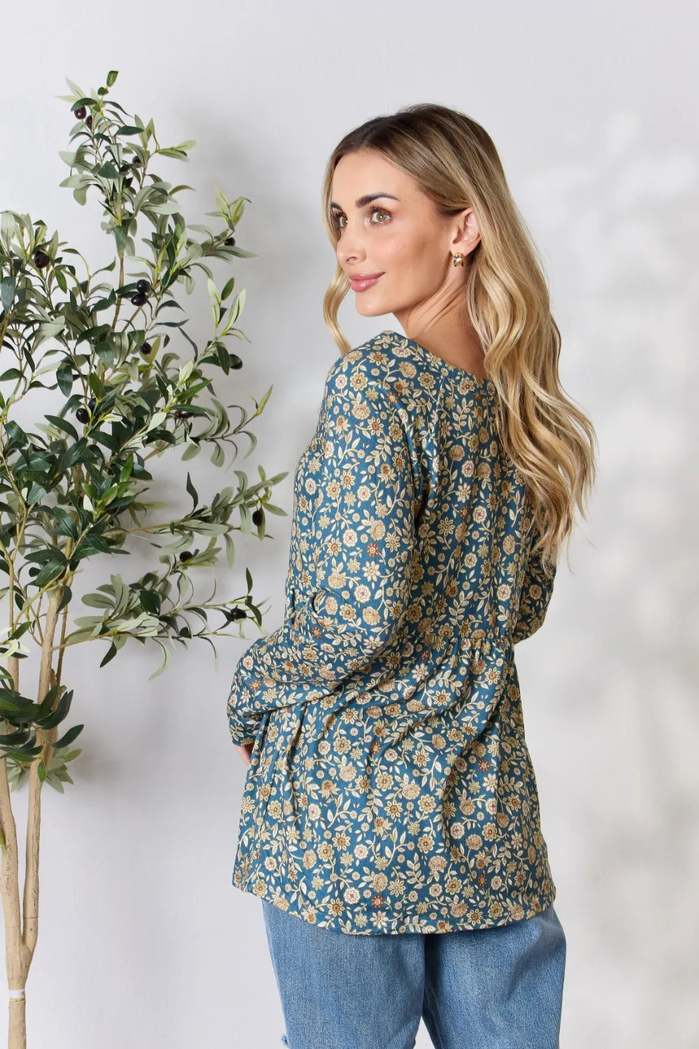 Trendsi Heimish Full Size Floral Half Button Long Sleeve Blouse