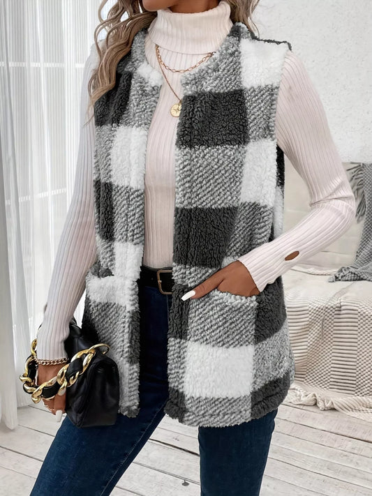 Plaid Sherpa Vest Coat with Pockets Easy Apparels