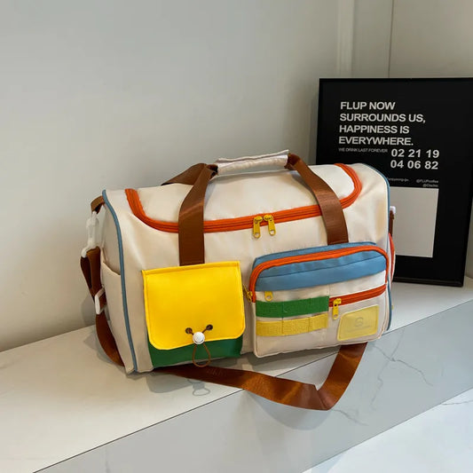 Color Block Multi-Pockets Travel Bag Beige One Size Easy Apparels