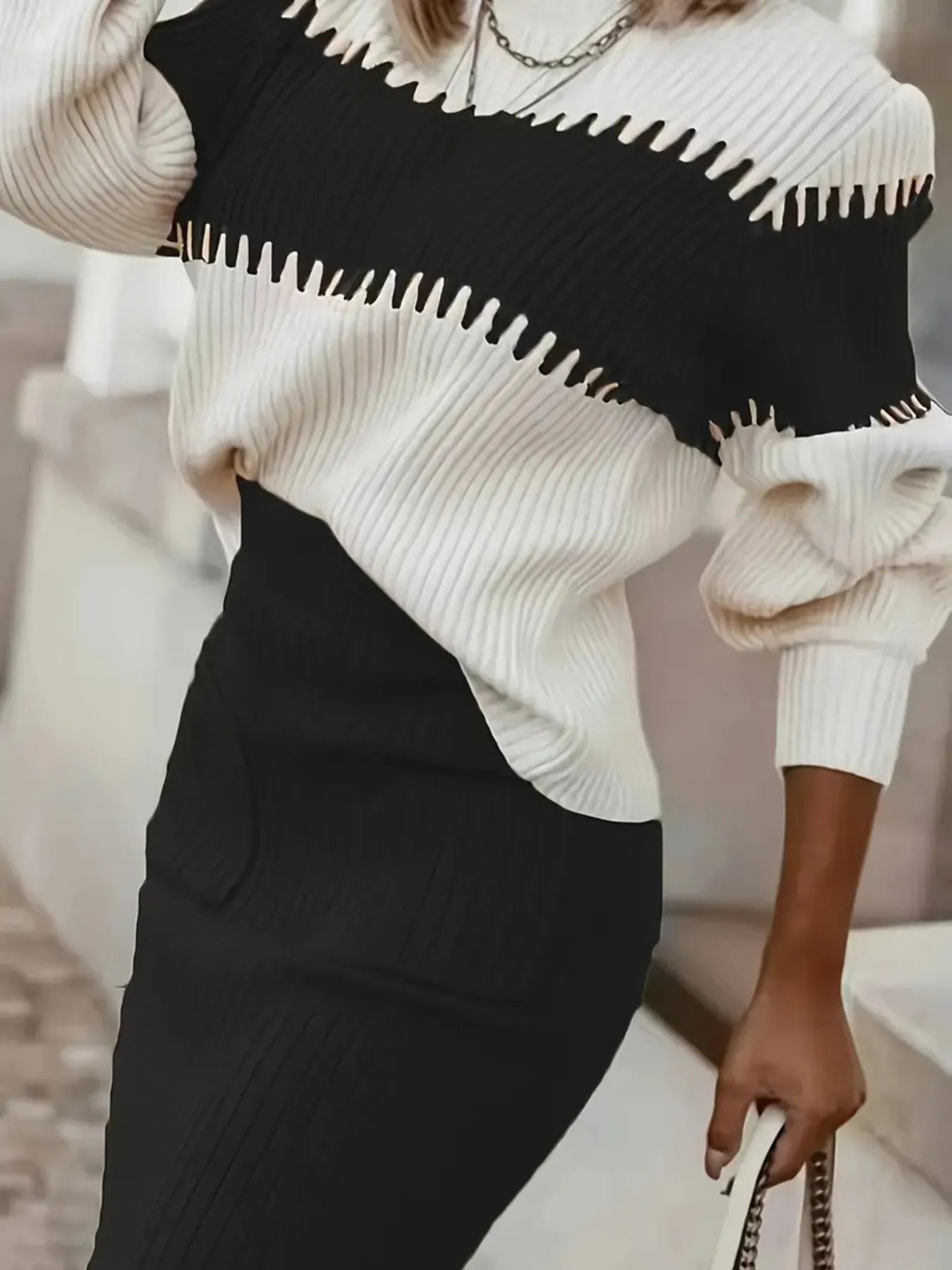 Two-Tone Ribbed Knit Top and Skirt Sweater Set Easy Apparels