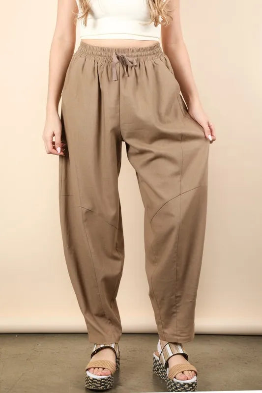 VERY J Solid Barrel Comfy Woven Pants Mocha Easy Apparels
