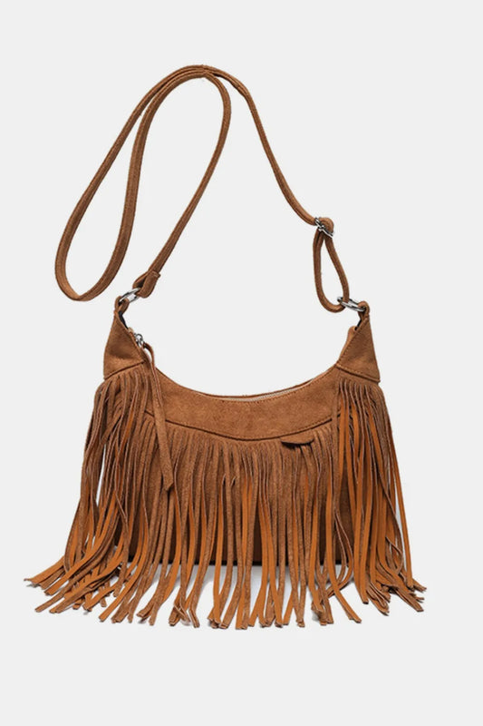 Suede Fringe Adjustable Strap Shoulder Bag Caramel One Size Easy Apparels