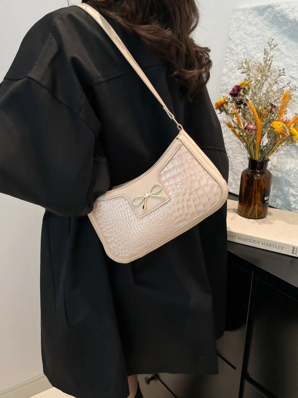 Crocodile Pattern Shoulder Bag with Bow Detail Easy Apparels