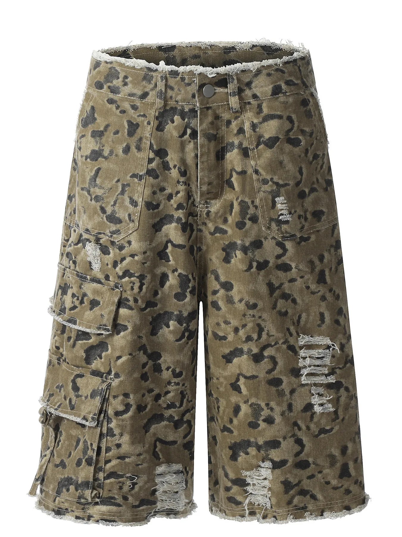 Men's Camouflage Denim Shorts with Raw Hem Leopard Print Easy Apparels