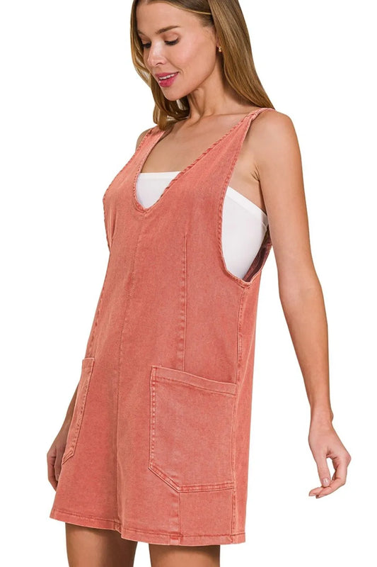 Zenana Washed Adjustable Strap Denim Overall Dress CABERNET Easy Apparels