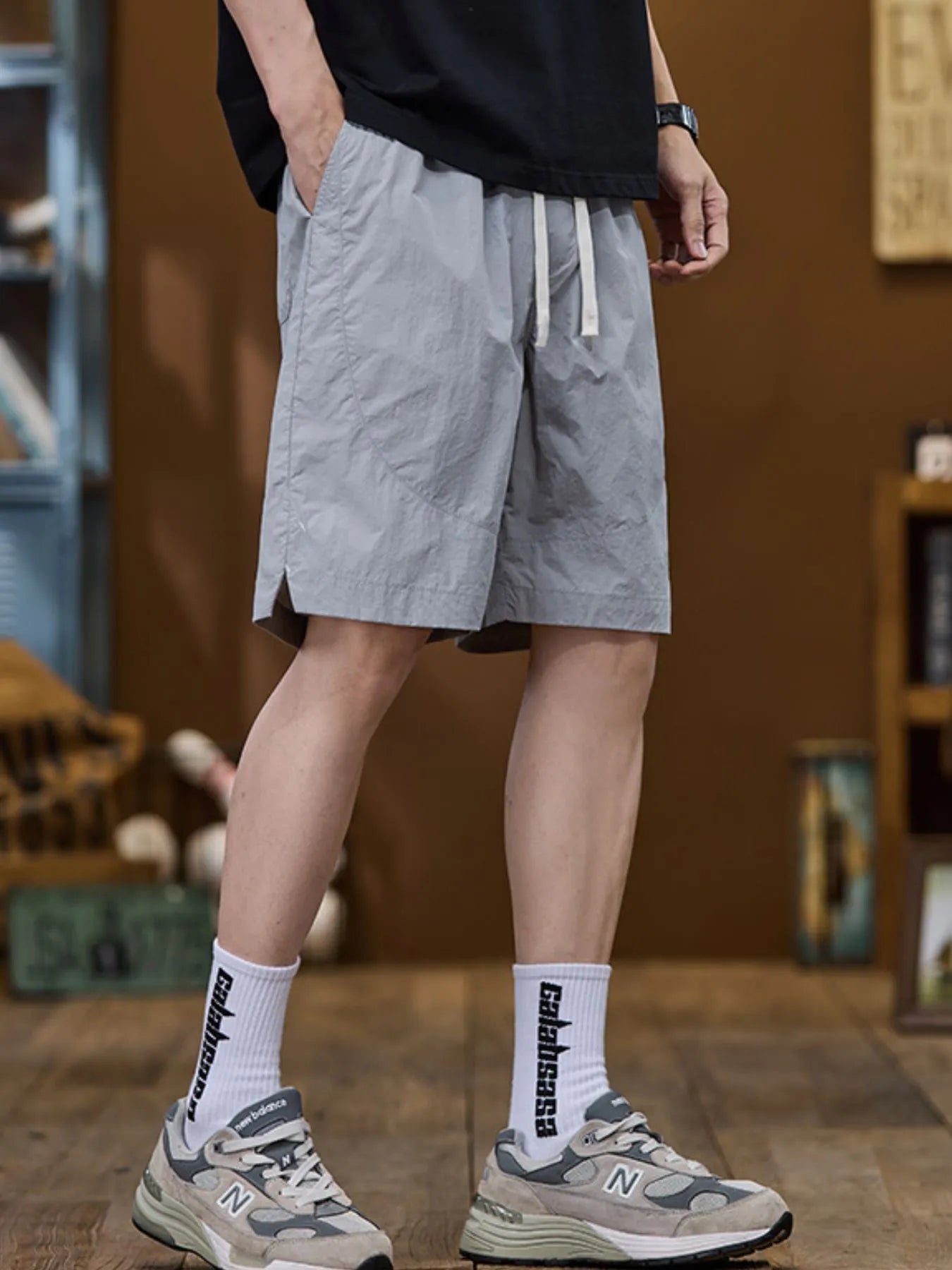 Men's Plus Size Drawstring Pocketed Shorts Light Gray Easy Apparels