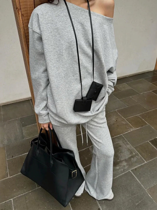 Off-Shoulder Top and Drawstring Pants Set Gray Easy Apparels