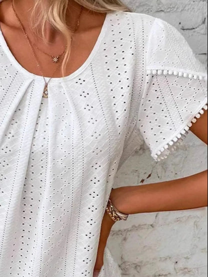 Trendsi Eyelet Petal Sleeve Top with Pom Pom Trim