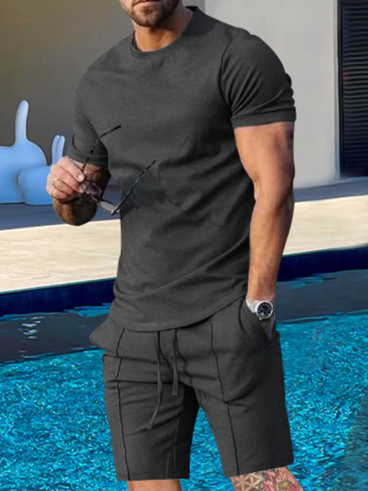 Men's Plus Size Round Neck Short Sleeve Top and Shorts Set Dark Gray Easy Apparels