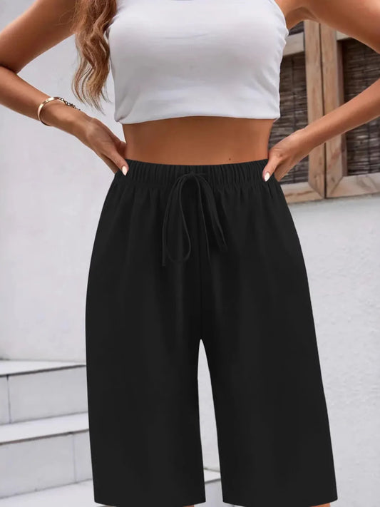 Casual Drawstring Wide Leg Shorts Black Easy Apparels