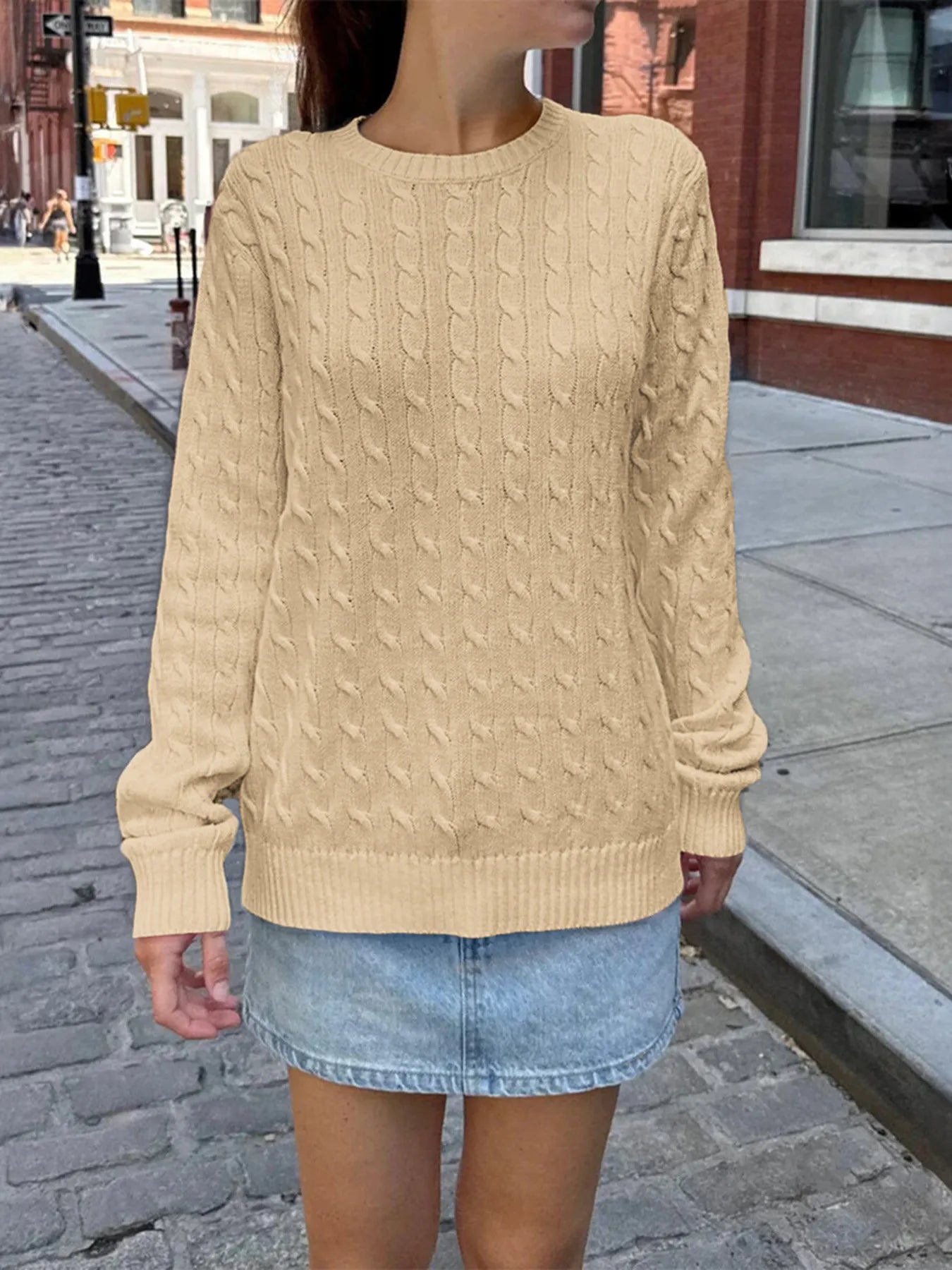 Trendsi Cable-Knit Round Neck Pullover Sweater