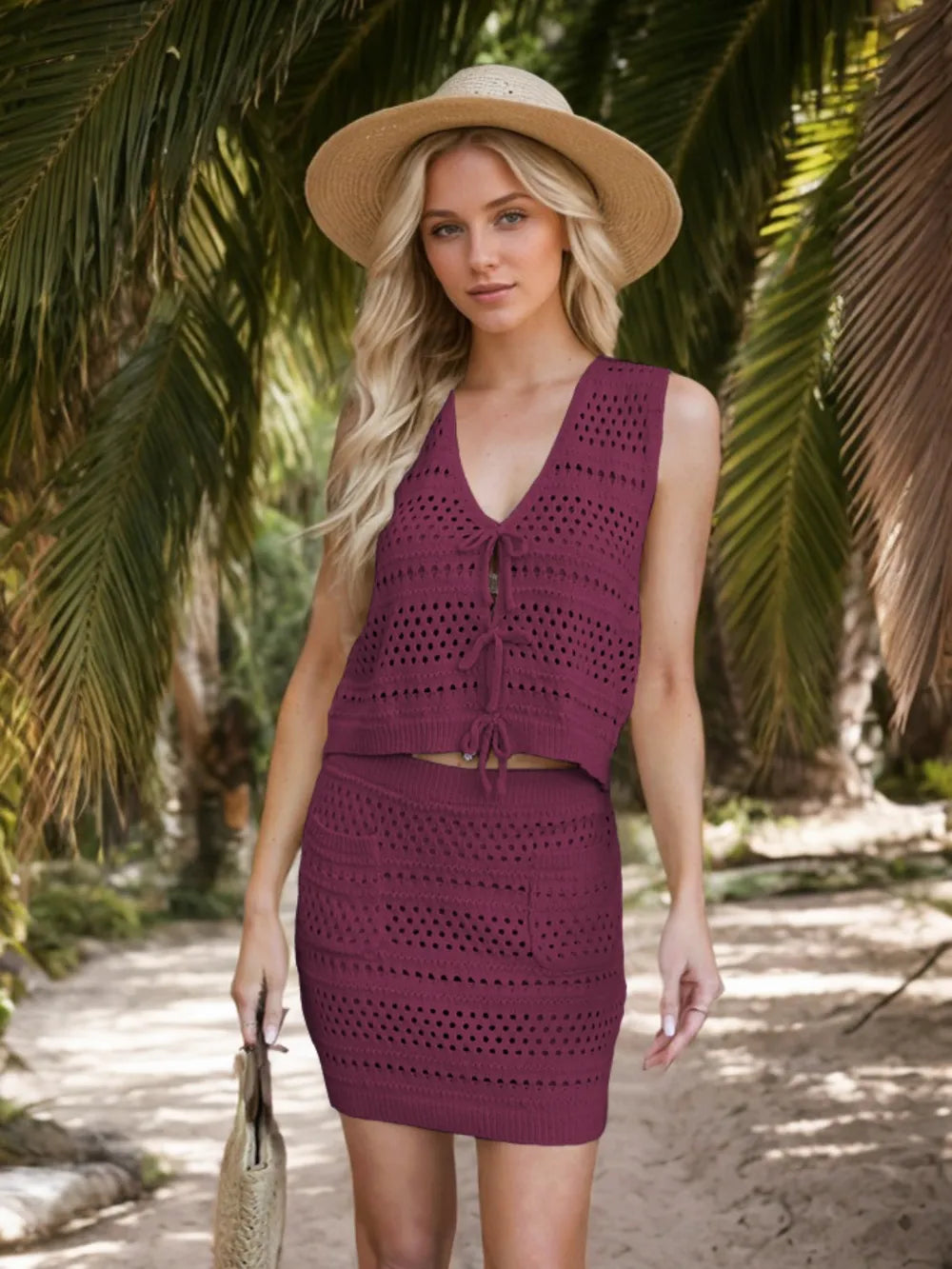 Openwork V-Neck Top and Skirt Knit Cover Up Set Easy Apparels